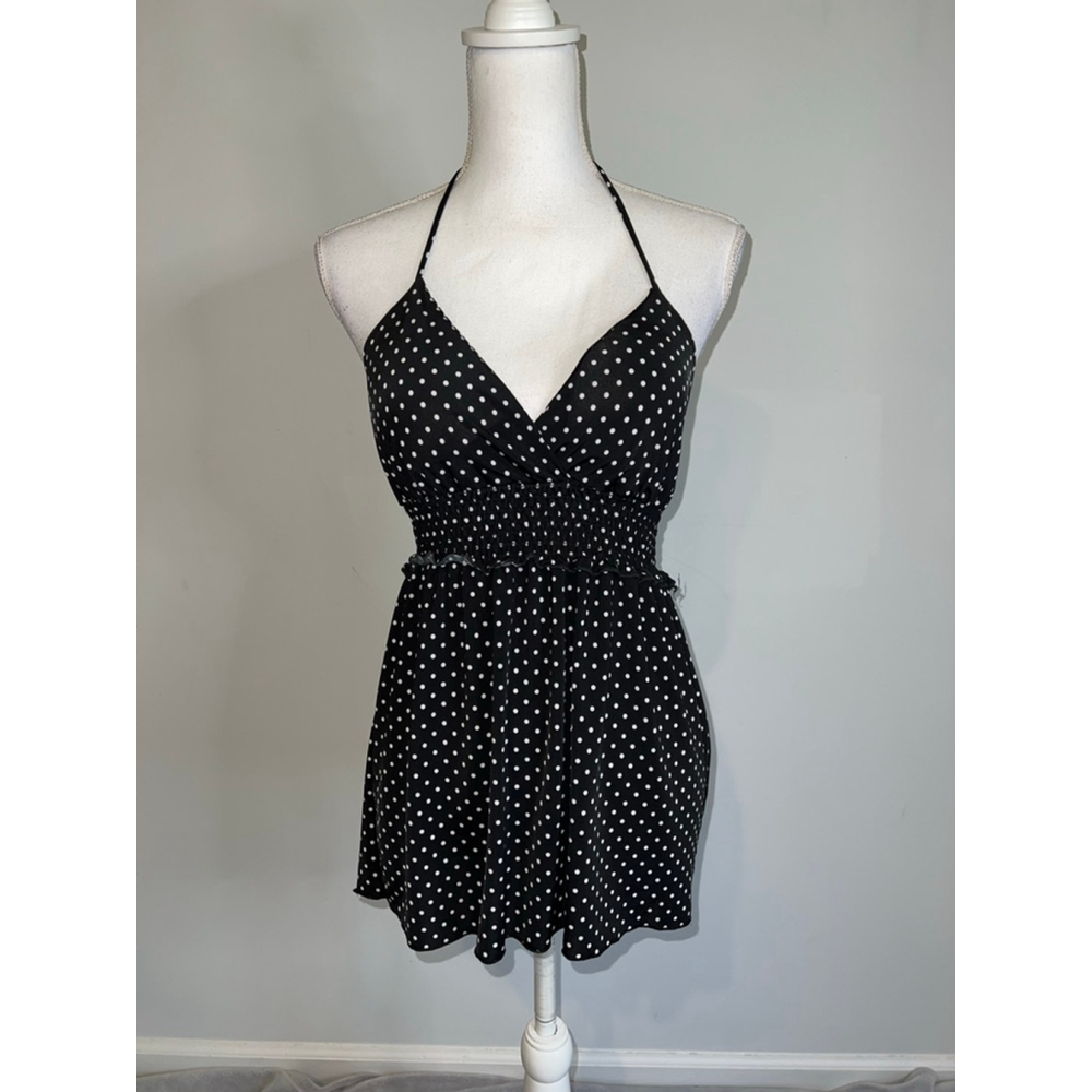 VTG Black White Polka Dot Halter Tank Top S